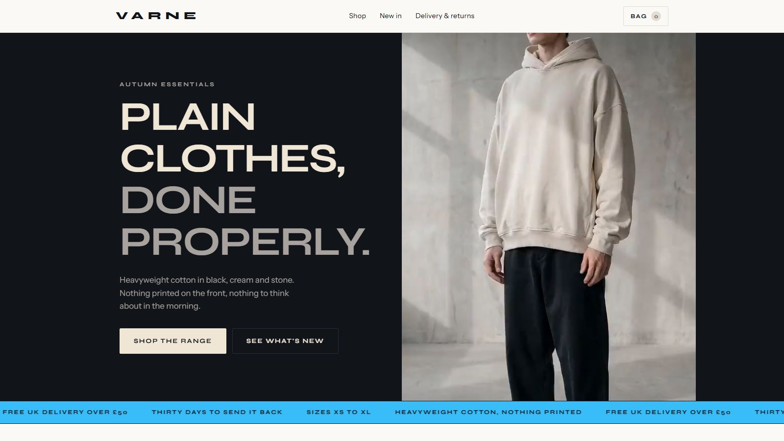 The Varne website, open at the home page