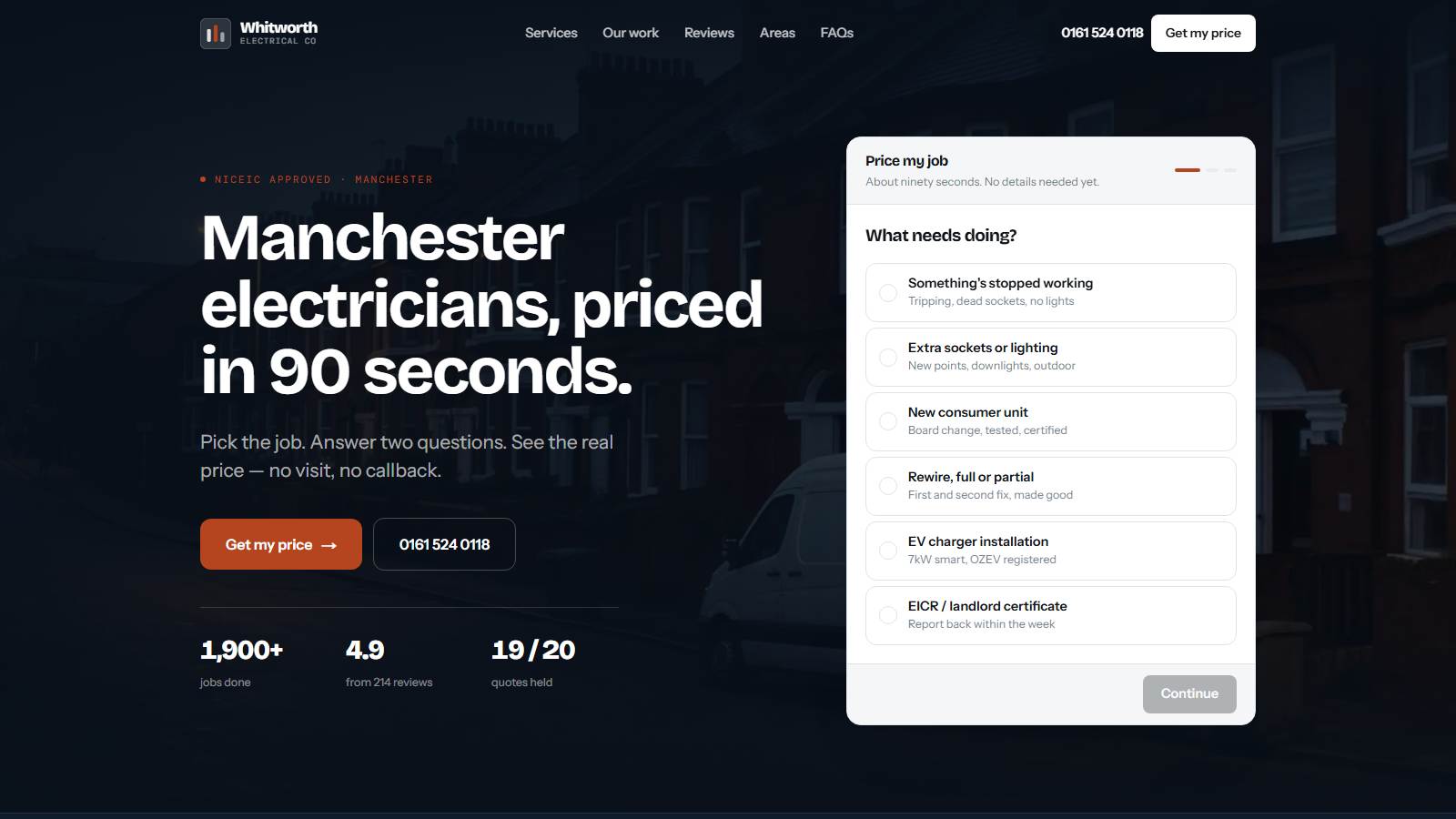 The Whitworth Electrical Co website, open at the home page